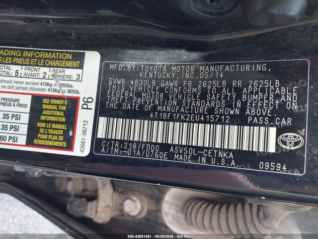 45991491 :رقم المزاد ، 4T1BF1FK2EU415712 vin ، 2014 Toyota Camry Le مزاد بيع