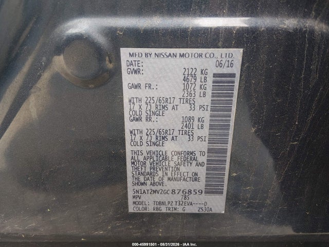 Продаж на аукціоні авто 2016 Nissan Rogue S, vin: 5N1AT2MV2GC876859, номер лоту: 45991501