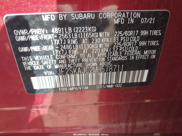 45991531 :رقم المزاد ، JF2SKAJC2MH578711 vin ، 2021 Subaru Forester Premium مزاد بيع