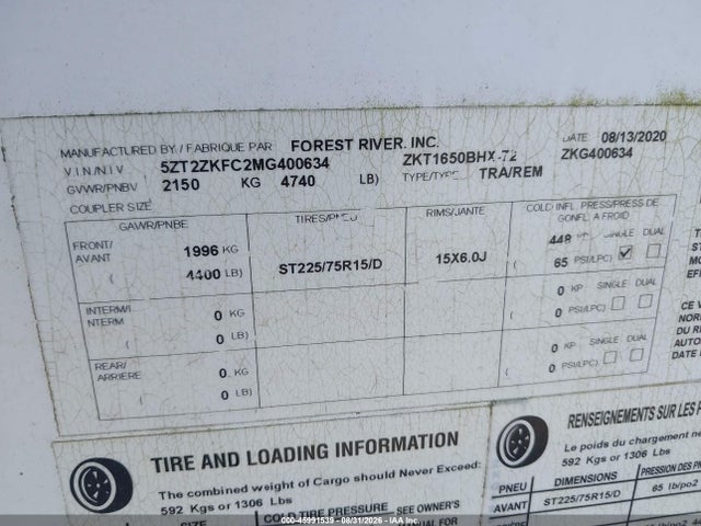 Продажа на аукционе авто 2021 Forest River Other, vin: 5ZT2ZKFC2MG400634, номер лота: 45991539