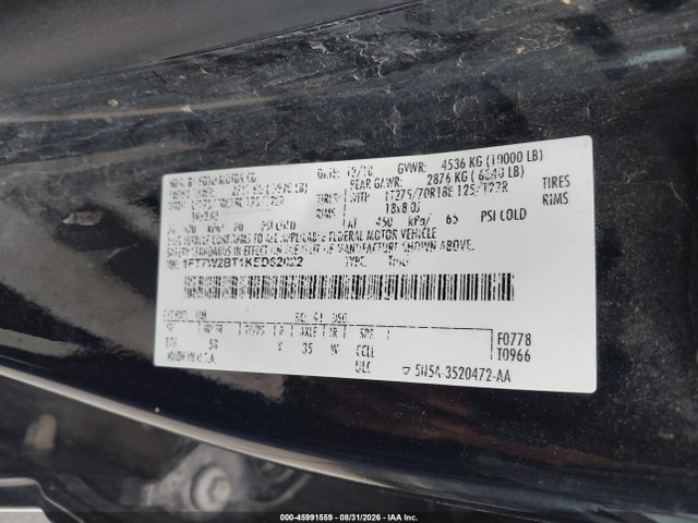 Aukcja sprzedaży 2019 Ford F-250 Lariat, vin: 1FT7W2BT1KED62022, numer aukcji: 45991559