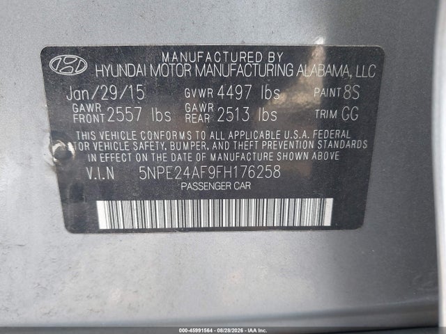 2015 Hyundai Sonata Se მანქანა იყიდება აუქციონზე, vin: 5NPE24AF9FH176258, აუქციონის ნომერი: 45991564