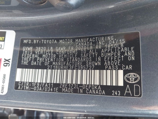 2015 Toyota Corolla L მანქანა იყიდება აუქციონზე, vin: 2T1BURHE3FC395727, აუქციონის ნომერი: 45991569