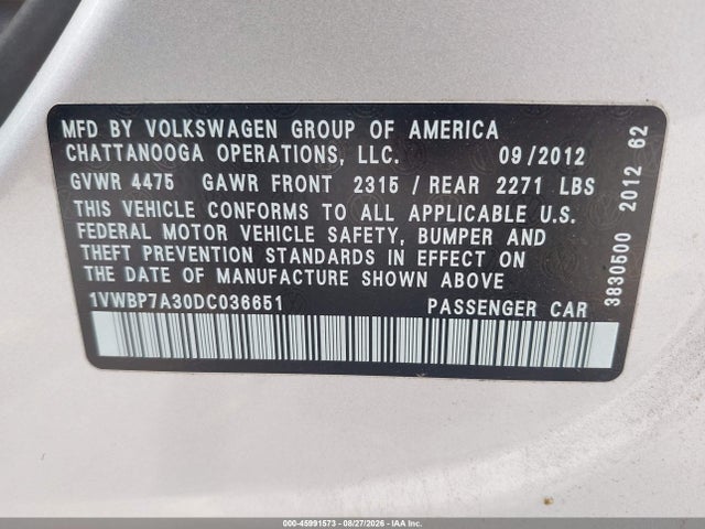 45991573 :رقم المزاد ، 1VWBP7A30DC036651 vin ، 2013 Volkswagen Passat 2.5l Se مزاد بيع