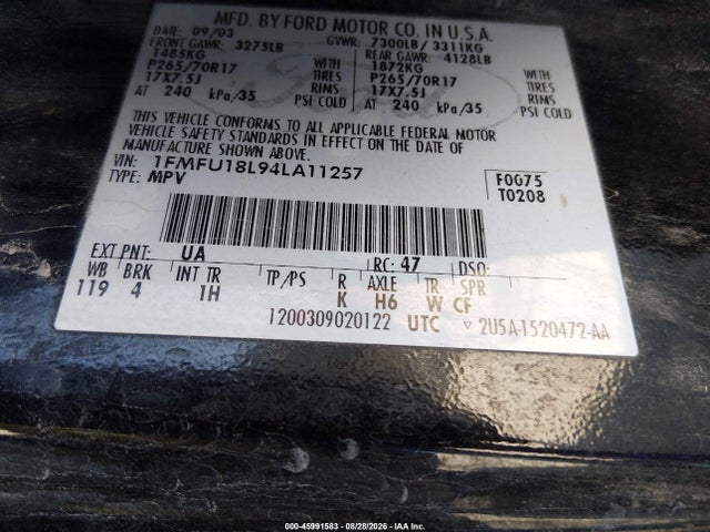 Продаж на аукціоні авто 2004 Ford Expedition Eddie Bauer, vin: 1FMFU18L94LA11257, номер лоту: 45991583
