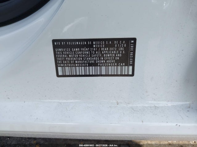 45991602 :رقم المزاد ، 3VWCB7BUXLM032078 vin ، 2020 Volkswagen Jetta 1.4t R-line/1.4t S/1.4t Se مزاد بيع