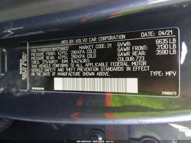 45991620 :رقم المزاد ، YV4BR0CK9M1758802 vin ، 2021 Volvo Xc90 Recharge Plug-in Hybrid T8 Inscription Expression 7 Passenger مزاد بيع