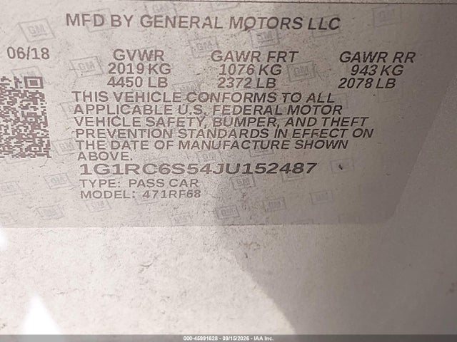 45991628 :رقم المزاد ، 1G1RC6S54JU152487 vin ، 2018 Chevrolet Volt Lt مزاد بيع