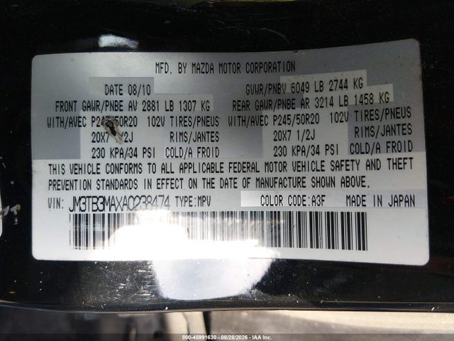 Aukcja sprzedaży 2010 Mazda Cx-9 Grand Touring, vin: JM3TB3MAXA0238474, numer aukcji: 45991630