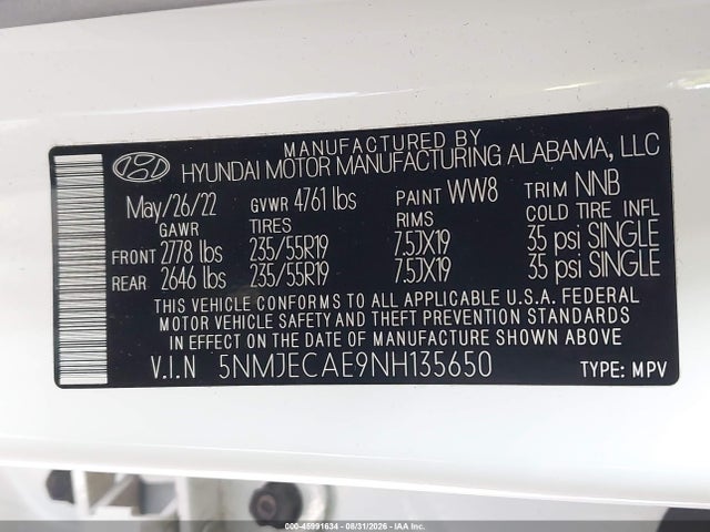 Aukcja sprzedaży 2022 Hyundai Tucson Limited, vin: 5NMJECAE9NH135650, numer aukcji: 45991634