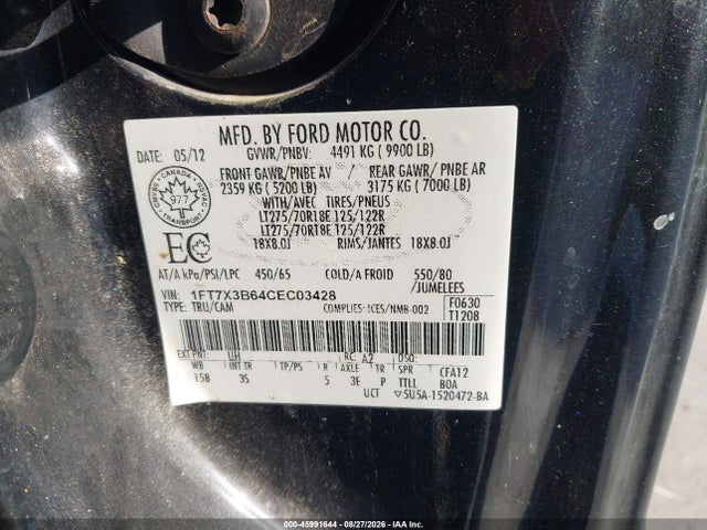 45991644 :رقم المزاد ، 1FT7X3B64CEC03428 vin ، 2012 Ford Super Duty F-350 Srw Xlt مزاد بيع