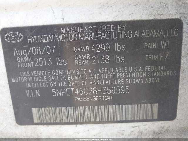 45991655 :رقم المزاد ، 5NPET46C28H359595 vin ، 2008 Hyundai Sonata Gls مزاد بيع