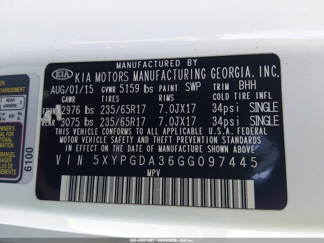 2016 Kia Sorento 2.4l Lx მანქანა იყიდება აუქციონზე, vin: 5XYPGDA36GG097445, აუქციონის ნომერი: 45991662