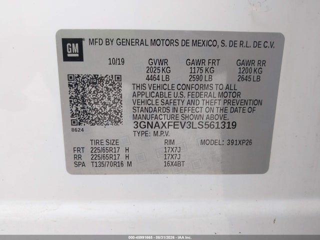 Продаж на аукціоні авто 2020 Chevrolet Equinox Fwd 1fl, vin: 3GNAXFEV3LS561319, номер лоту: 45991665