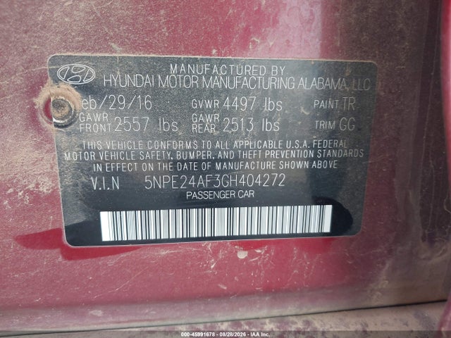 45991678 :رقم المزاد ، 5NPE24AF3GH404272 vin ، 2016 Hyundai Sonata مزاد بيع