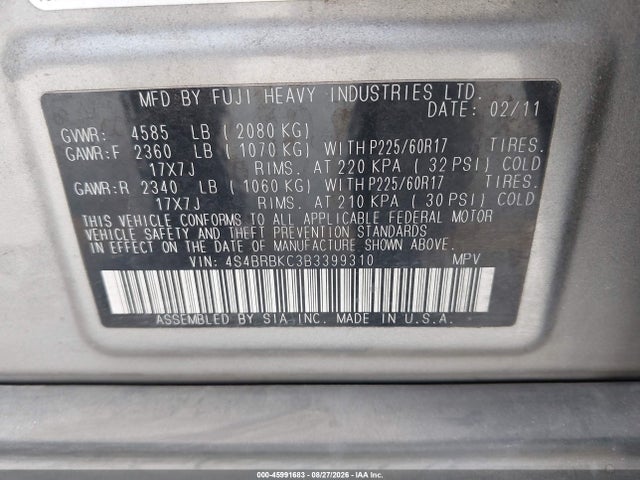 Продаж на аукціоні авто 2011 Subaru Outback 2.5i Limited, vin: 4S4BRBKC3B3399310, номер лоту: 45991683