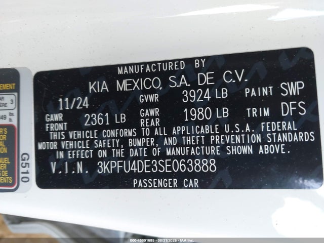 2025 Kia K4 Ex მანქანა იყიდება აუქციონზე, vin: 3KPFU4DE3SE063888, აუქციონის ნომერი: 45991685