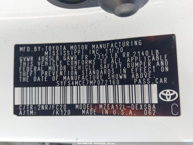 45991708 :رقم المزاد ، 5YFS4MCE7MP072160 vin ، 2021 Toyota Corolla Se مزاد بيع