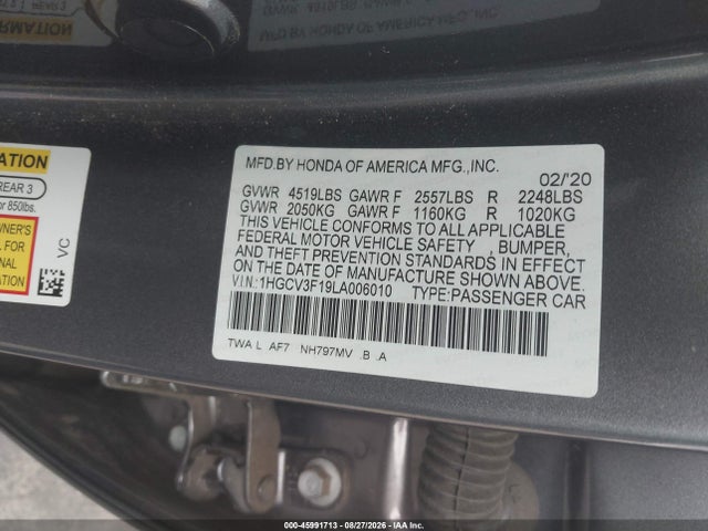 2020 Honda Accord Hybrid მანქანა იყიდება აუქციონზე, vin: 1HGCV3F19LA006010, აუქციონის ნომერი: 45991713