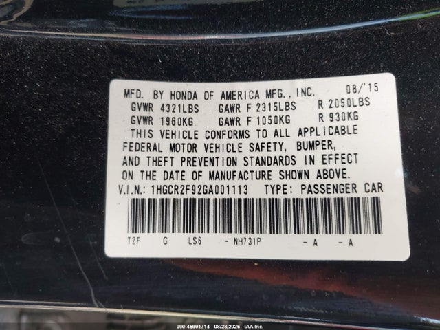 45991714 :رقم المزاد ، 1HGCR2F92GA001113 vin ، 2016 Honda Accord Ex-l مزاد بيع