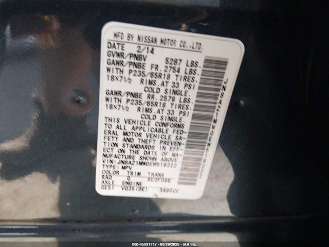 Продажа на аукционе авто 2014 Nissan Murano Sv, vin: JN8AZ1MW0EW516222, номер лота: 45991717
