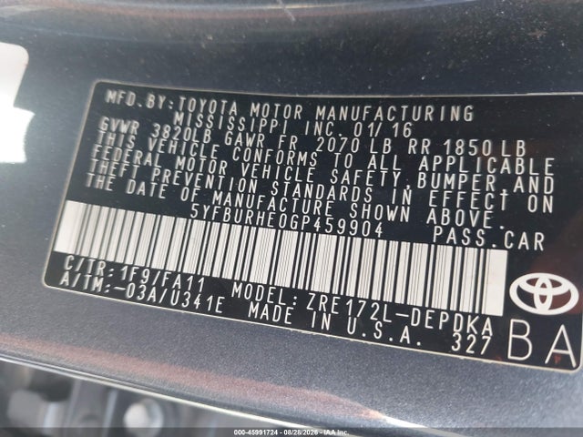 5YFBURHE0GP459904 Toyota COROLLA L