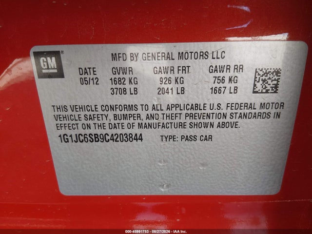 Продаж на аукціоні авто 2012 Chevrolet Sonic 2lt, vin: 1G1JC6SB9C4203844, номер лоту: 45991753