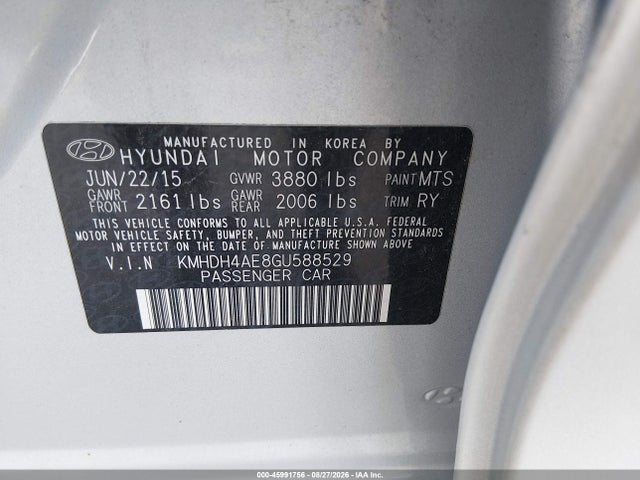 Aukcja sprzedaży 2016 Hyundai Elantra Value Edition, vin: KMHDH4AE8GU588529, numer aukcji: 45991756