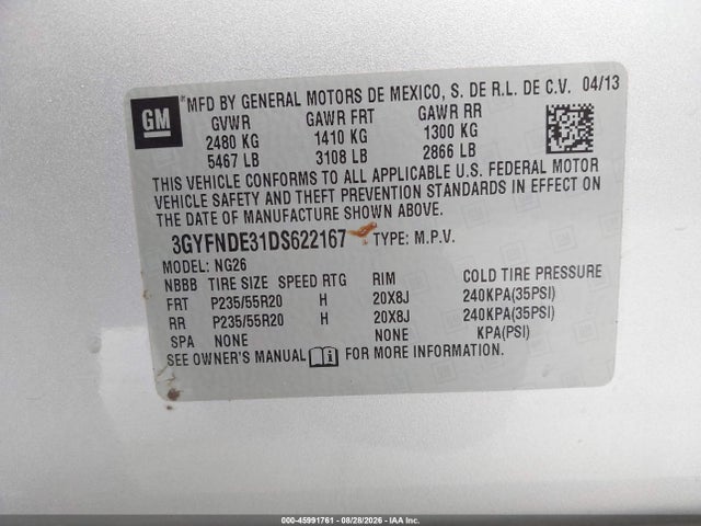 45991761 :رقم المزاد ، 3GYFNDE31DS622167 vin ، 2013 Cadillac Srx Performance Collection مزاد بيع