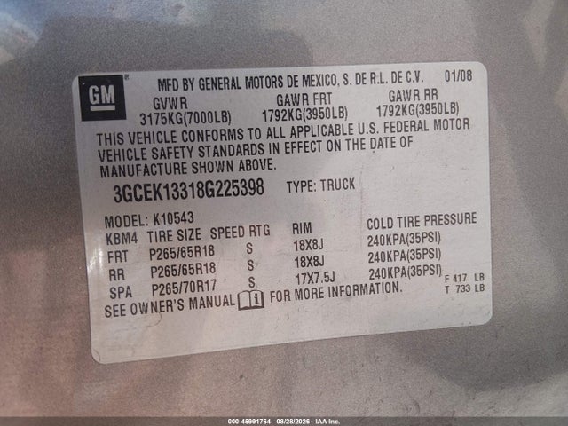 Продажа на аукционе авто 2008 Chevrolet Silverado 1500 Ltz, vin: 3GCEK13318G225398, номер лота: 45991764