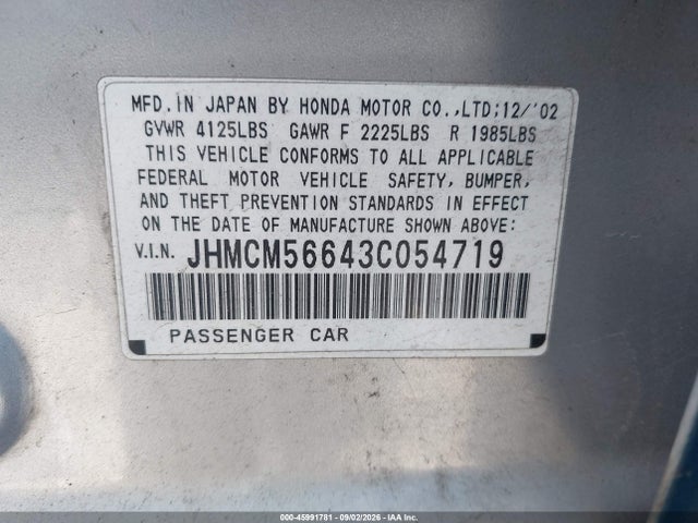 Aukcja sprzedaży 2003 Honda Accord 2.4 Ex, vin: JHMCM56643C054719, numer aukcji: 45991781