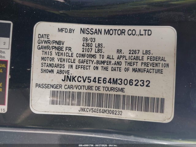 Aukcja sprzedaży 2004 Infiniti G35, vin: JNKCV54E64M306232, numer aukcji: 45991786