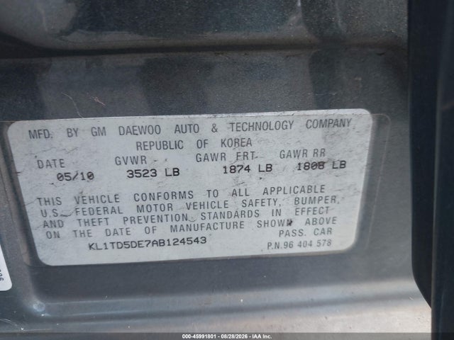 Продажа на аукционе авто 2010 Chevrolet Aveo Lt, vin: KL1TD5DE7AB124543, номер лота: 45991801