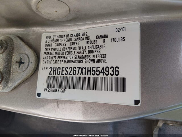 Auction sale of the 2001 Honda Civic Ex, vin: 2HGES267X1H554936, lot number: 45991804