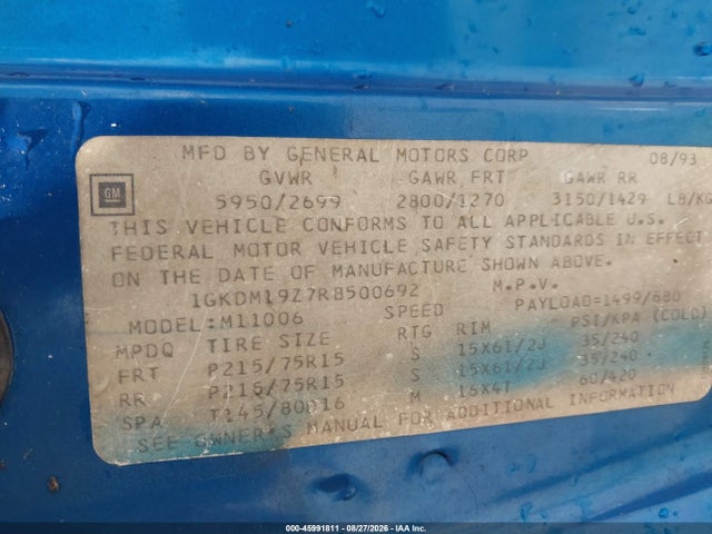 45991811 :رقم المزاد ، 1GKDM19Z7RB500692 vin ، 1994 Gmc Safari Xt مزاد بيع