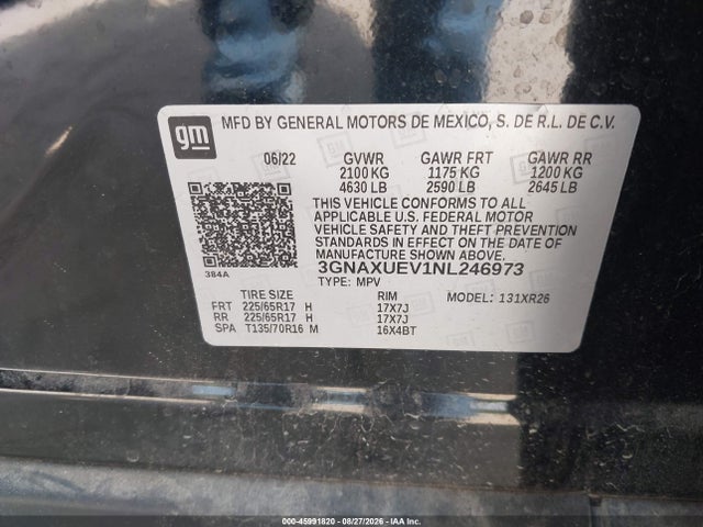 Продаж на аукціоні авто 2022 Chevrolet Equinox Awd Lt, vin: 3GNAXUEV1NL246973, номер лоту: 45991820