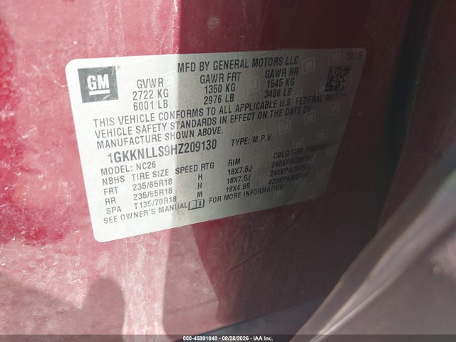 2017 Gmc Acadia Sle-2 მანქანა იყიდება აუქციონზე, vin: 1GKKNLLS9HZ209130, აუქციონის ნომერი: 45991848