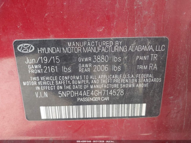 2016 Hyundai Elantra Se მანქანა იყიდება აუქციონზე, vin: 5NPDH4AE4GH714528, აუქციონის ნომერი: 45991849