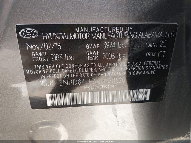 Продаж на аукціоні авто 2019 Hyundai Elantra Sel, vin: 5NPD84LF6KH428520, номер лоту: 45991858