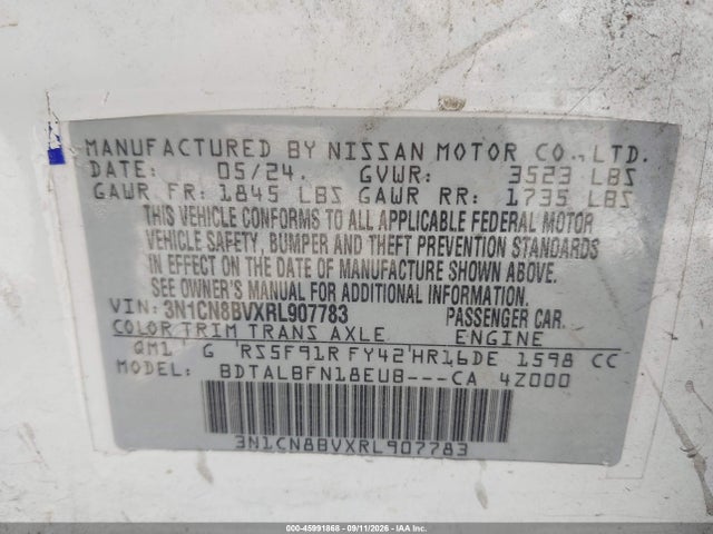 2024 Nissan Versa 1.6 S მანქანა იყიდება აუქციონზე, vin: 3N1CN8BVXRL907783, აუქციონის ნომერი: 45991868