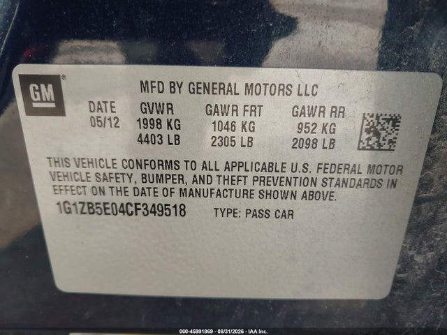 45991869 :رقم المزاد ، 1G1ZB5E04CF349518 vin ، 2012 Chevrolet Malibu Ls مزاد بيع