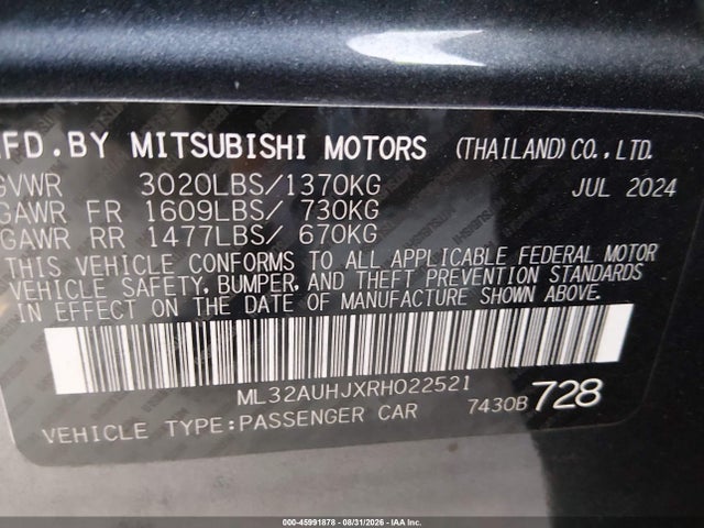 45991878 :رقم المزاد ، ML32AUHJXRH022521 vin ، 2024 Mitsubishi Mirage Es/le مزاد بيع