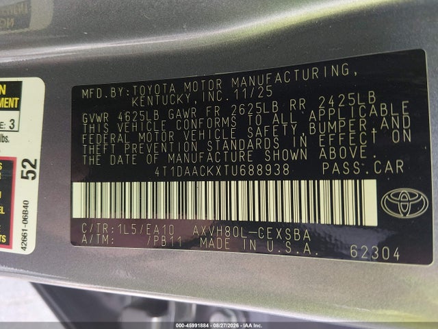 2026 Toyota Camry Se მანქანა იყიდება აუქციონზე, vin: 4T1DAACKXTU688938, აუქციონის ნომერი: 45991884