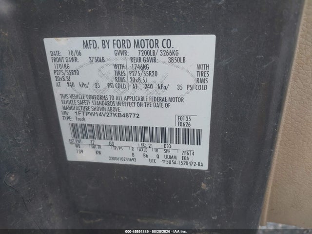 Продажа на аукционе авто 2007 Ford F-150 Fx4/lariat/xlt, vin: 1FTPW14V27KB48772, номер лота: 45991889