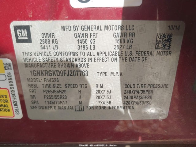 Продажа на аукционе авто 2015 Chevrolet Traverse 1lt, vin: 1GNKRGKD9FJ207763, номер лота: 45991890