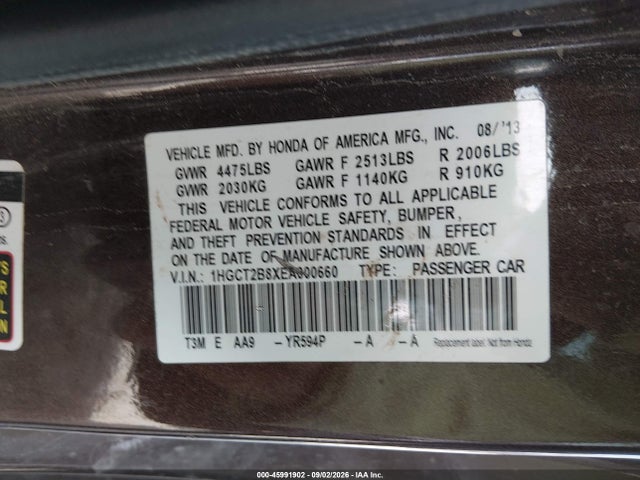 Aukcja sprzedaży 2014 Honda Accord Ex-l V-6, vin: 1HGCT2B8XEA000660, numer aukcji: 45991902