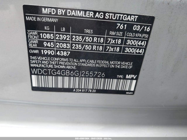 Aukcja sprzedaży 2016 Mercedes-benz Gla 250 4matic, vin: WDCTG4GB6GJ255726, numer aukcji: 45991904