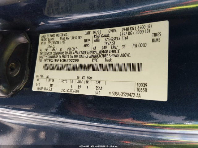 2016 Ford F-150 Xlt მანქანა იყიდება აუქციონზე, vin: 1FTEX1EP1GKE02296, აუქციონის ნომერი: 45991908