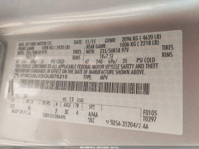 Продаж на аукціоні авто 2016 Ford Escape Titanium, vin: 1FMCU0JX5GUB76215, номер лоту: 45991914