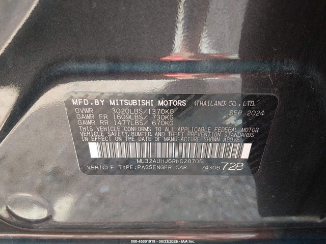 45991918 :رقم المزاد ، ML32AUHJ6RH028705 vin ، 2024 Mitsubishi Mirage Es/le مزاد بيع